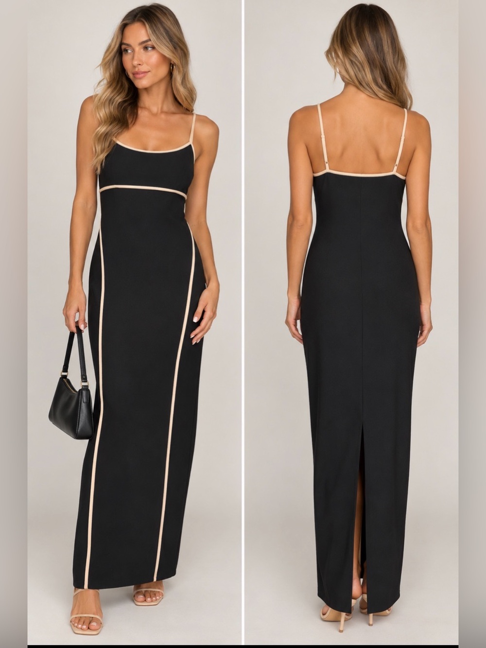 Isalis Black Contrast Piping Maxi Dress Y2K Minimalist Bodycon Size L